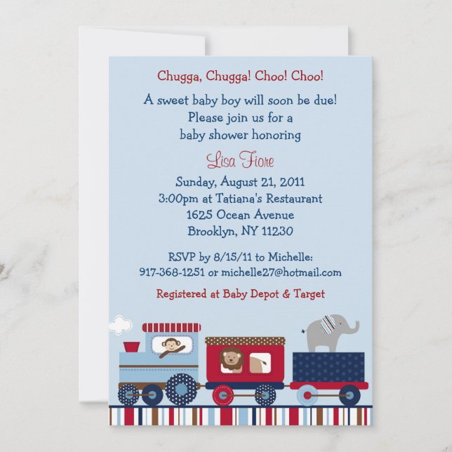 Choo Choo Treinar Animal Baby Shower Convites (Frente)