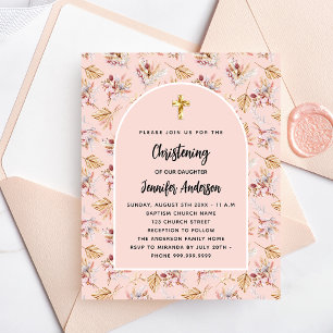 Christening pampas florals rosa orçamento convite