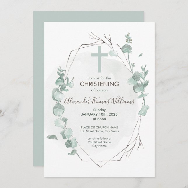 Christening Rustic Eucalyptus Convite (Frente/Verso)