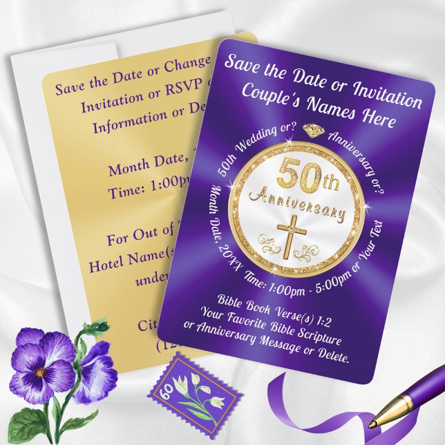 CHRISTIAN, Cartões de Salve a Data de 50º Aniversá (Gorgeous Purple and Gold CHRISTIAN, 50th Save the Date Cards. 50th Anniversary Save the Date Cards.)