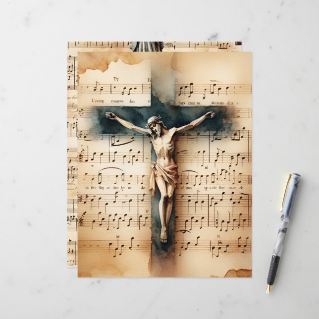 Christian Crucifix Vintage Scrapbook Paper (Frente/Verso In Situ)