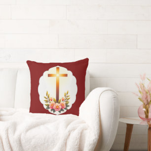 Christian Easter Cross with Flowers – almofada
