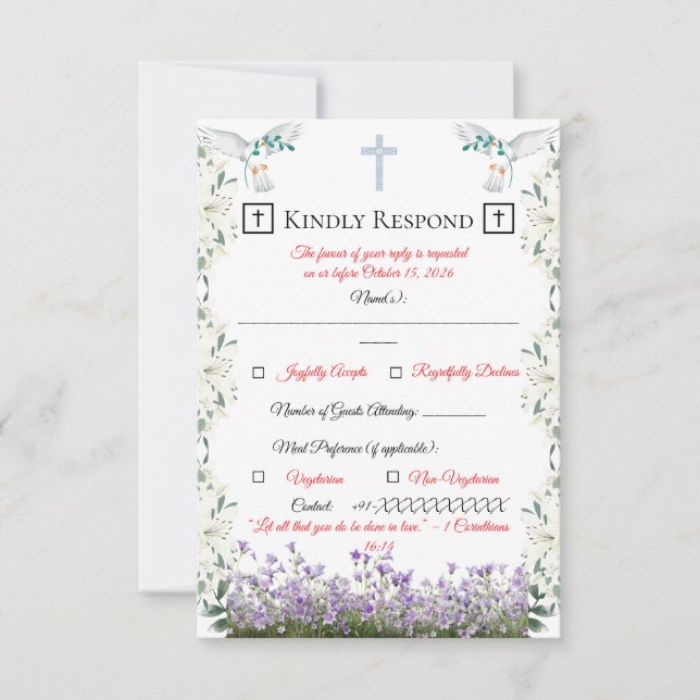 Christian Wedding RSVP Card with Cross (Frente)