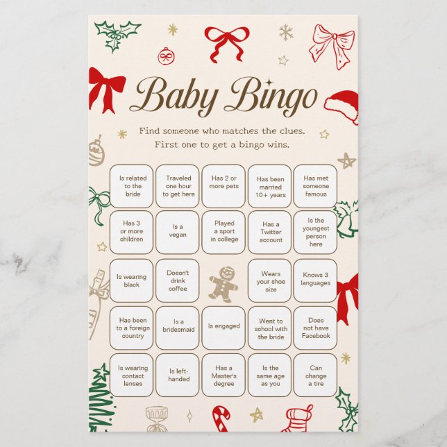 Christmas Baby Shower Find the Guest Bingo Game (Frente)