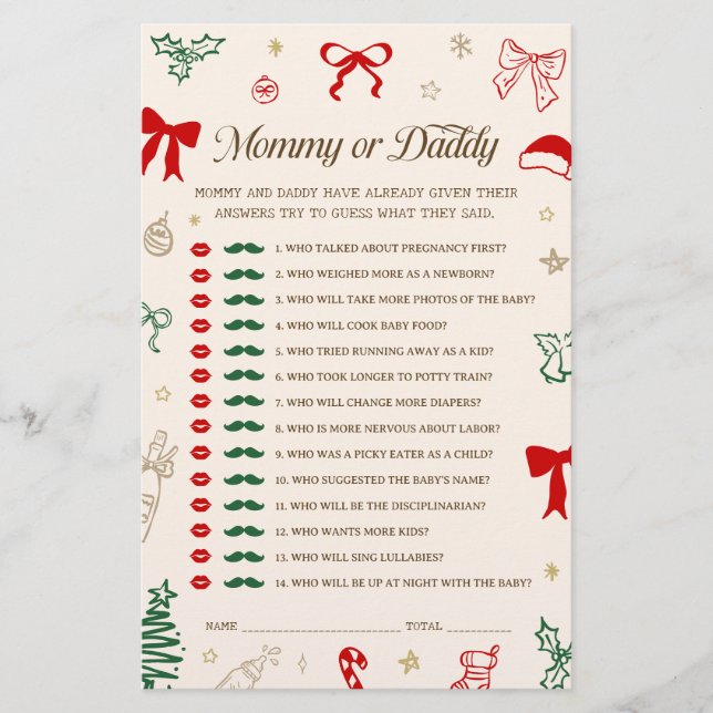 Christmas Baby Shower Guess Mommy or Daddy Game (Frente)