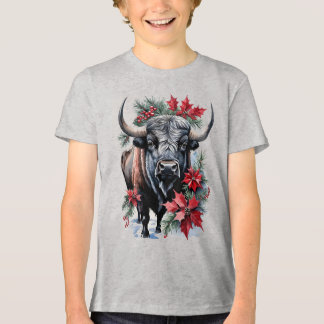 Christmas Bison With Big Horns And Poinsettias