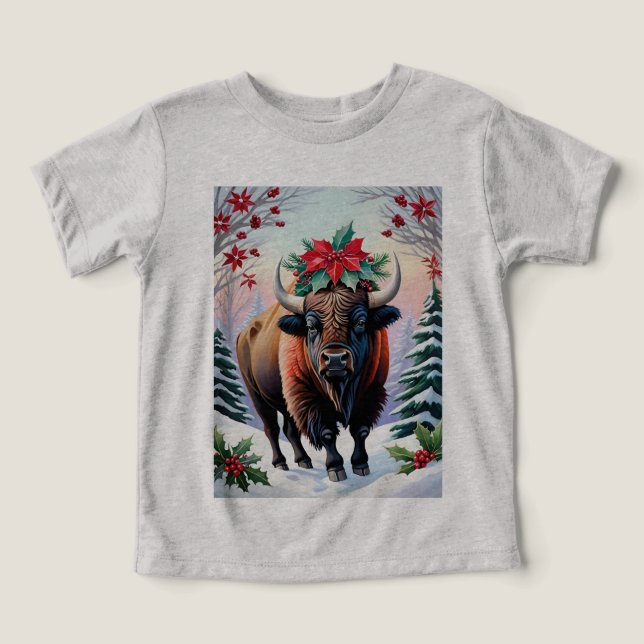 Christmas Bison With Big Horns Snow & Poinsettias (Design frontal)