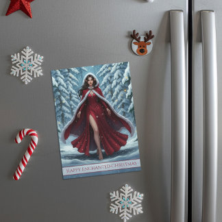 Christmas Elf in Red in Winter Forest Magnet Card