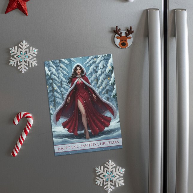 Christmas Elf in Red in Winter Forest Magnet Card (Criador carregado)