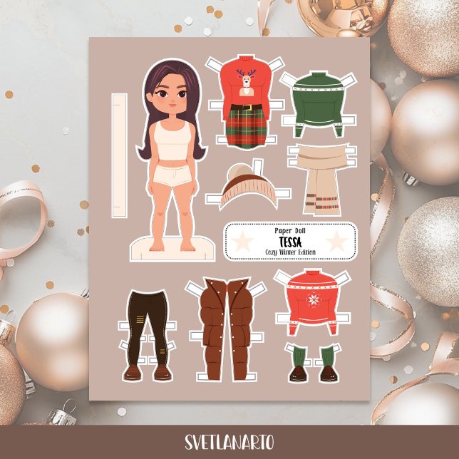 Christmas Paper Doll Brunette Girl Winter Dress (Criador carregado)