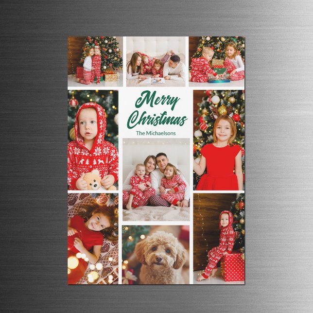 Christmas Photo Collage Green Script Magnet Card (Criador carregado)
