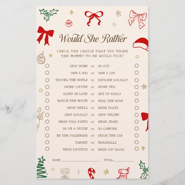 Christmas Santa Baby Shower Would She Rather Game (Frente)