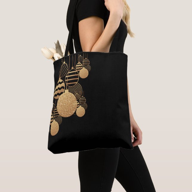 Christmas tote bag with baubles - black background (Close Up)
