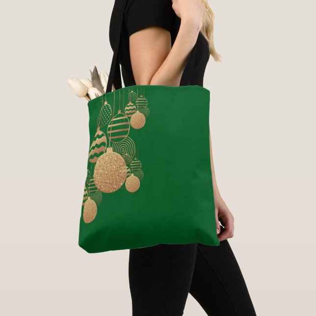 Christmas tote bag with baubles - green background (Close Up)