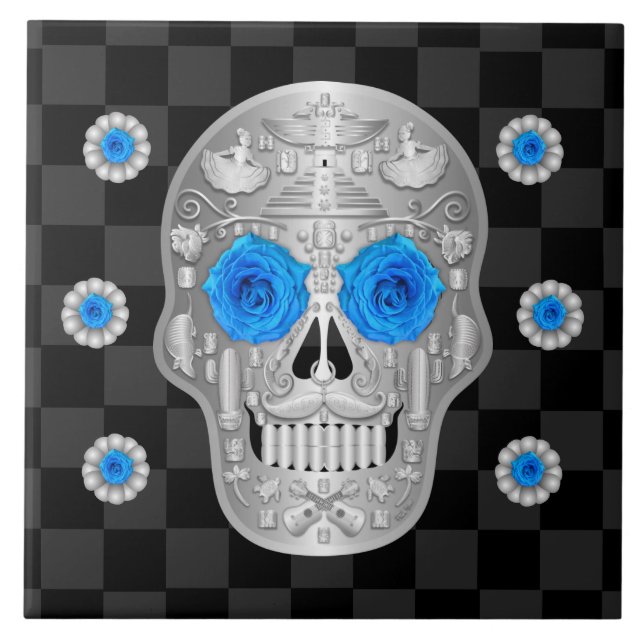 Chrome Calavera (Rosa azul) Azulejo cerâmica (Frente)