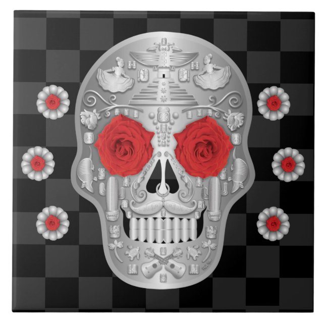 Chrome Calavera (Rosa vermelha) Azulejo cerâmico (Frente)