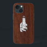 Chrome Lighthouse em impressão de mogno molhado<br><div class="desc">Um estilo moderno de aplique de cromo prateado náutico em um acabamento de madeira de mogno molhado para uma capa de telefone personalizada que todos a bordo ou fora do barco vão gostar. Use o link "Pergunte a este Designer" para entrar em contato conosco com suas solicitações de design personalizado...</div>