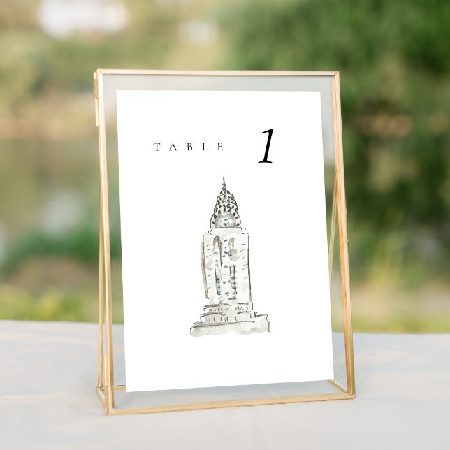 Chrysler Building New York Wedle Table Number (Watercolor Chrysler Building New York City Skyline wedding table number sign.)