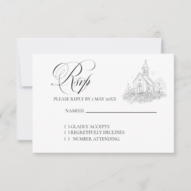 Church Calligraphy Wedding RSVP card (Frente)