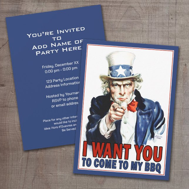 CHURRASCO / Convite de festas: Tio Sam da Vintage (Patriotic Party Invitation - Uncle Sam I WANT YOU to come to my party)