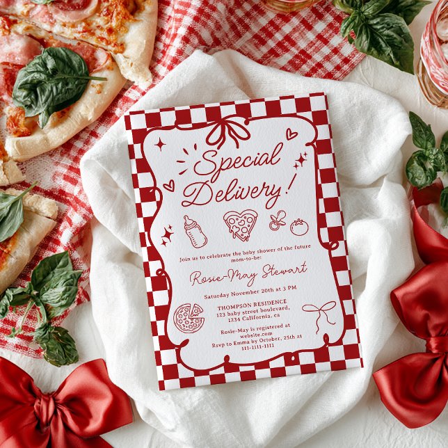 Chuva de Amor Italiano: Convite de Chá de Bebê Ver (Special Delivery Italian Pizza Red Baby Shower Invitation)