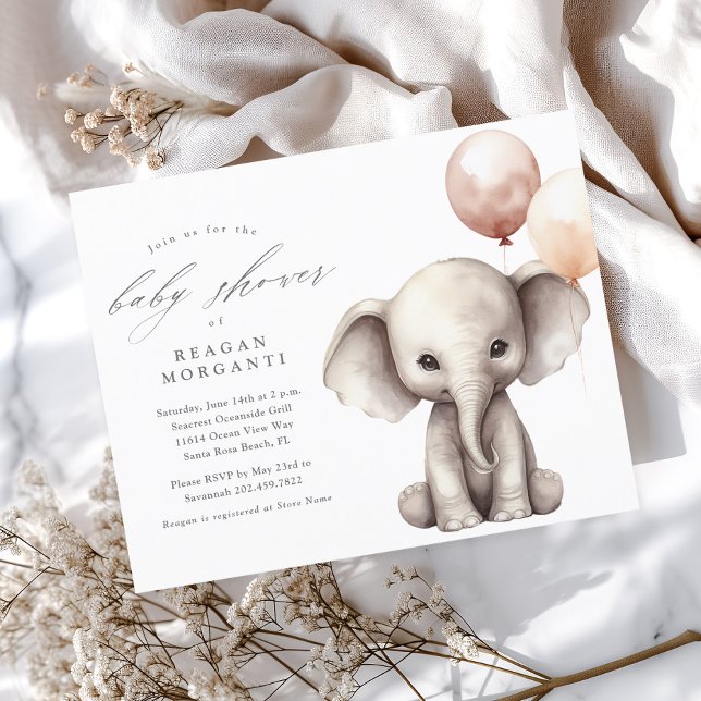 Chuva de Balões com Elefante Chá de Bebê Neutro e  (Cute Elephant with Balloons Gender Neutral Budget Baby Shower Invitation.)