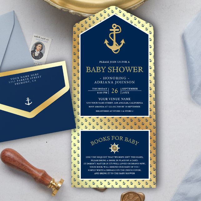 Chuva de Bebê Âncora Azul Naval e Dourado (Criador carregado)
