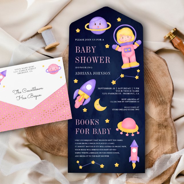 Chuva de Bebê Astronauta Menina Rosa Espaço Sidera (Criador carregado)