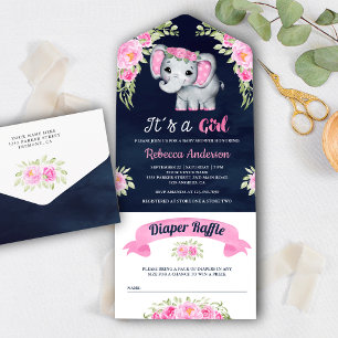 Chuva de Bebê Azul Elefante Floral Aquarela Rosa