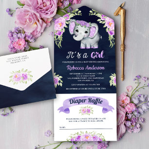 Chuva de Bebê Azul Elefante Floral Aquarela Roxa