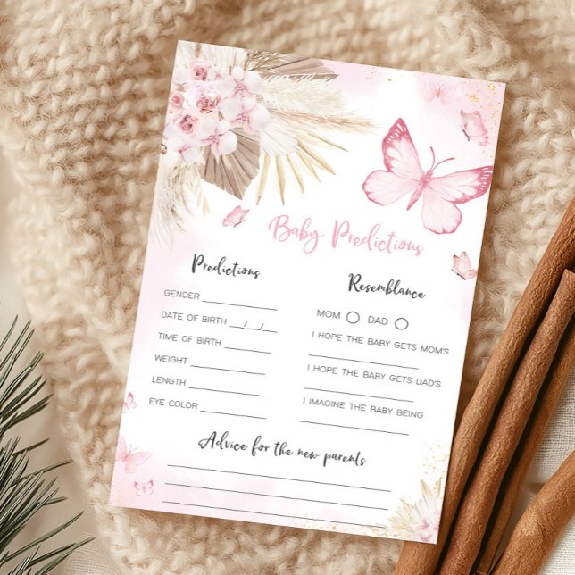 Chuva de Bebê Borboleta Rosa Jogo de Previsões par (Girl Butterfly Pampas Grass Baby Shower Baby Predictions Game)