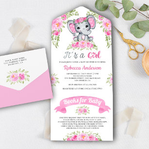 Chuva de Bebê de Elefante com Aquarela Floral Rosa