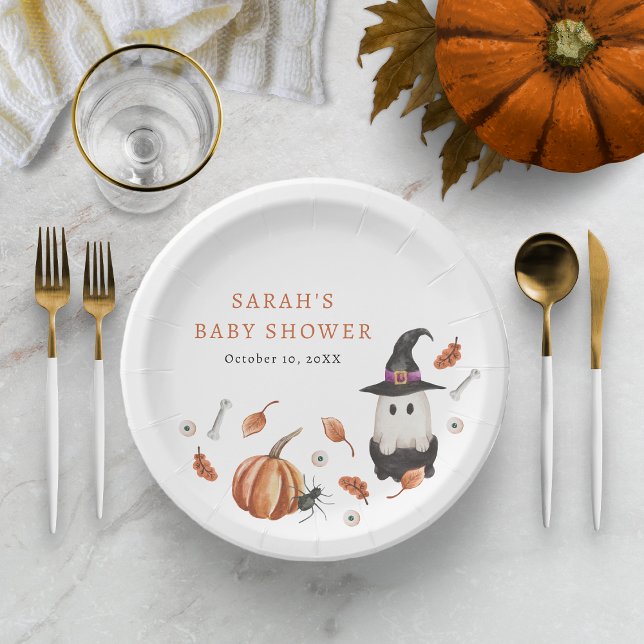 Chuva de Bebê de Halloween Prato de Papel (Halloween A Little Boo Is Almost Due Baby Shower - Autumn Leaves Ghost Paper Plate Party Decor)