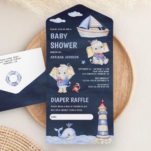 Chuva de Bebe Elefante Fofo Barco Náutico Azul Mar
