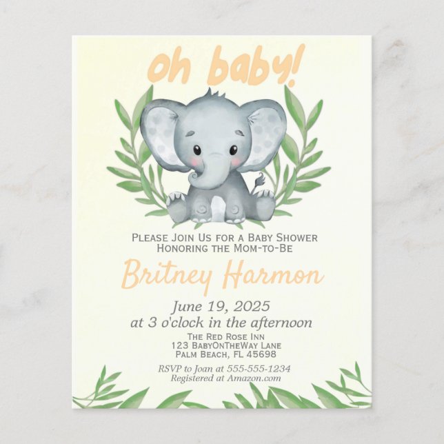 Chuva de Bebê Elefante Verde Neutro Orçamento (Frente)