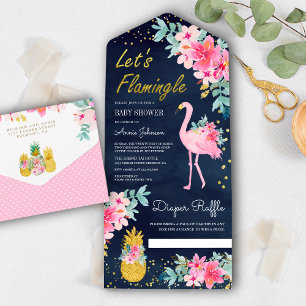 Chuva de Bebê Flamingo Tropical Floral Rosa Navy