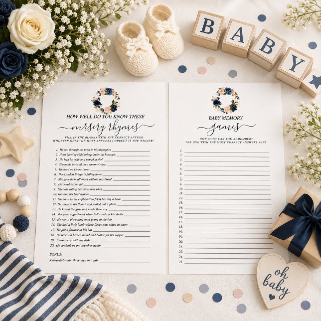 Chuva de Bebê Floral Marinho Jogo Duplo Lado (Double sided baby shower games.)