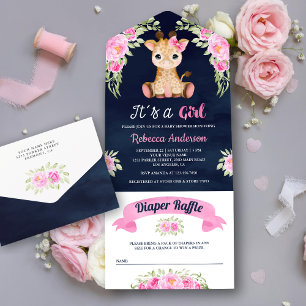 Chuva de Bebê Girafa Floral em Aquarela Rosa Azul