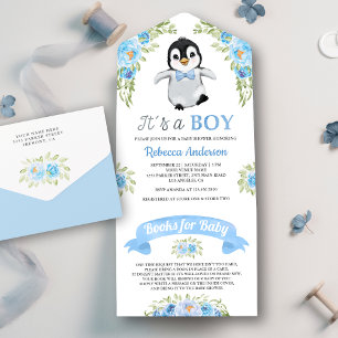 Chuva de Bebê Pinguim com Aquarela Floral Azul