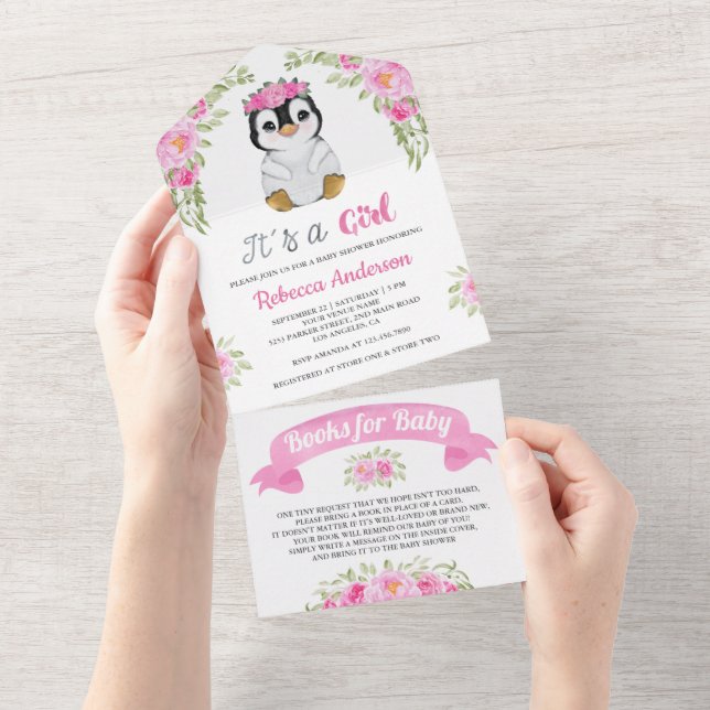 Chuva de Bebê Pinguim Floral Rosa em Aquarela (Aba destacável)