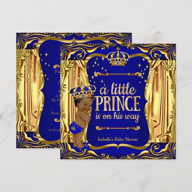 Chuva de Bebê Príncipe Azul Dourado Convite Étnico (Frente/Verso)