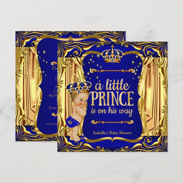 Chuva de Bebê Príncipe Azul Dourado Loira Convite (Frente/Verso)