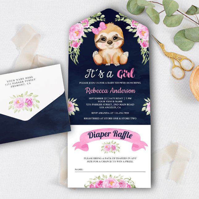 Chuva de Bebê Sloth Floral Aquarela Rosa Azul Mari (Criador carregado)