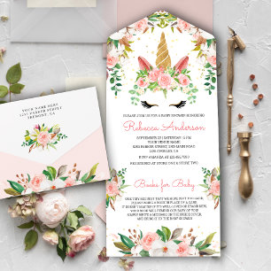 Chuva de Bebê Unicórnio Dourado Floral Rosa Rubor