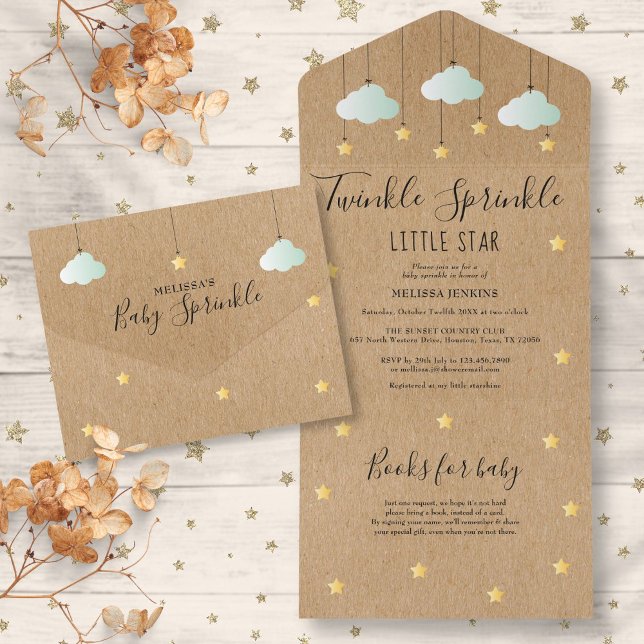Chuva de Estrelas Rústica: Chá de Bebê Neutro em G (Twinkle Sprinkle Rustic Gender Neutral Baby Shower All In One Invitation)