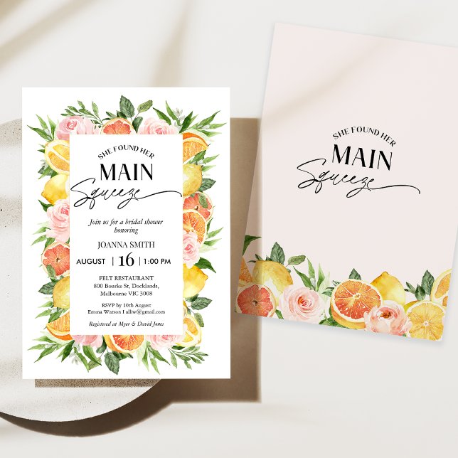 Chuva Floral Ela Encontrou Seu Amor Convite de Chá (She Found her main Squeeze Bridal Shower Invitation, Floral Citrus Bridal Shower Invitation, Lemon )