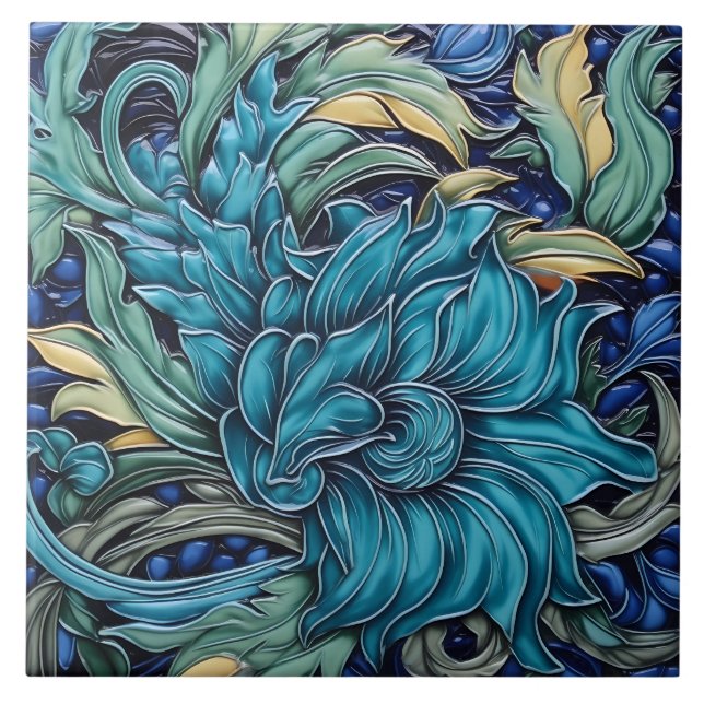 Ciano Escuro e Arte Verde Nouveau Motif Floral (Frente)