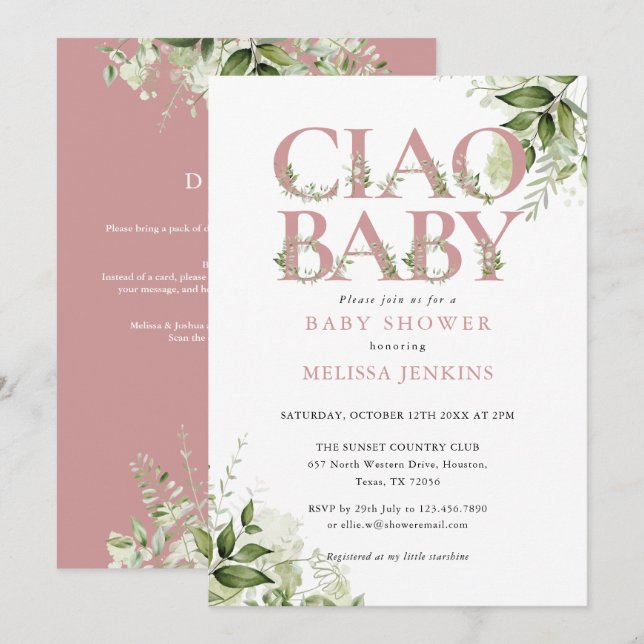 Ciao Baby Dusty Rose Floral Convite de Chá de Bebê (Frente/Verso)