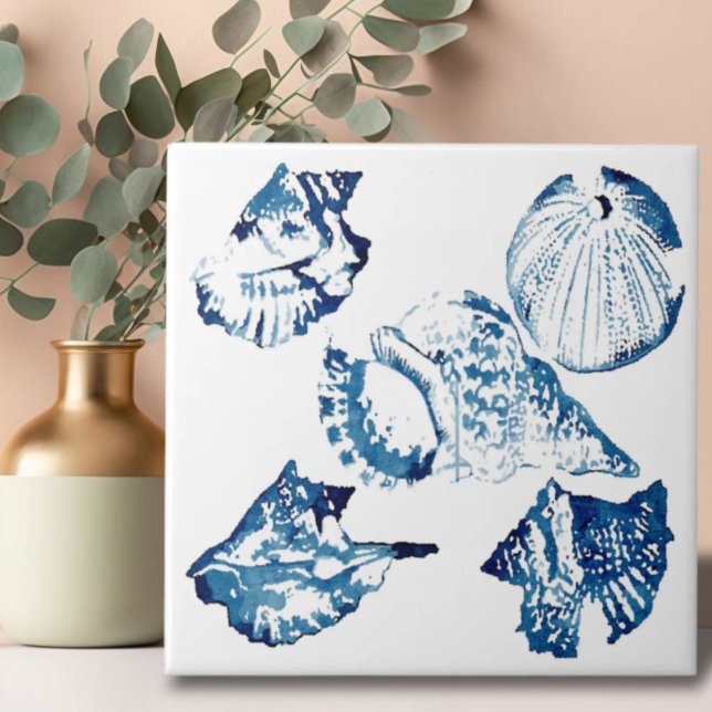 cic costeira indigo azul oceano aquarela (coastal chic indigo blue ocean watercolor seashell ceramic tile)