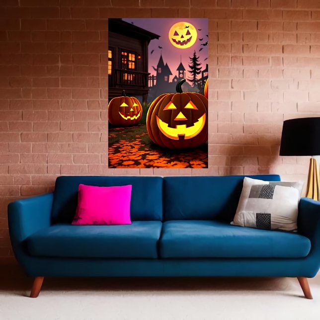 Cidade, abóbora e lua de abóbora | AI Art Poster (Criador carregado)